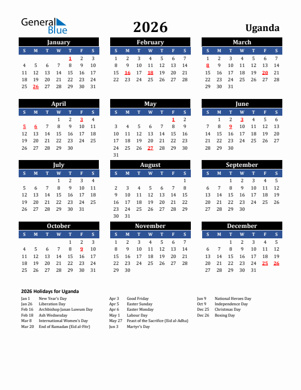 2026 Uganda Holiday Calendar