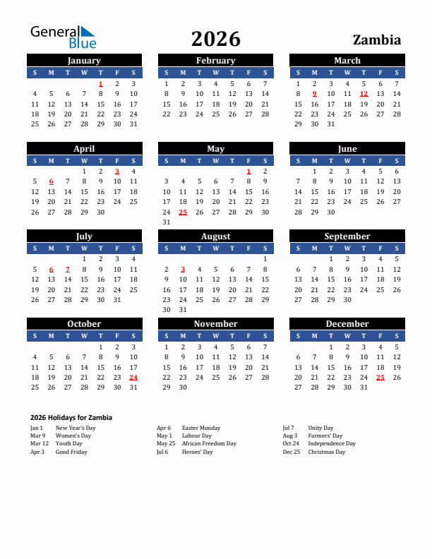 2026 Zambia Holiday Calendar