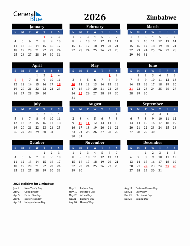 2026 Zimbabwe Holiday Calendar