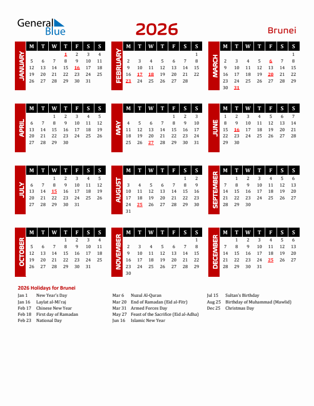 Download Brunei 2026 Calendar - Monday Start