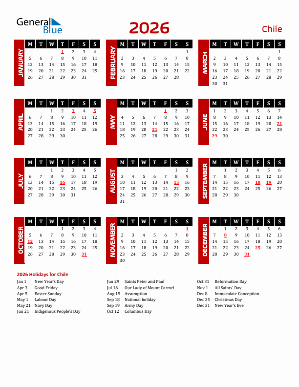 Download Chile 2026 Calendar - Monday Start