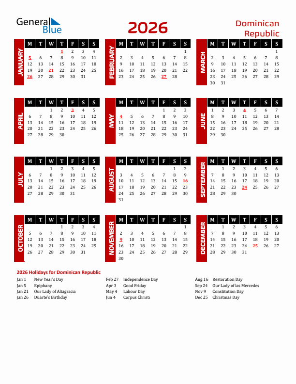 Download Dominican Republic 2026 Calendar - Monday Start