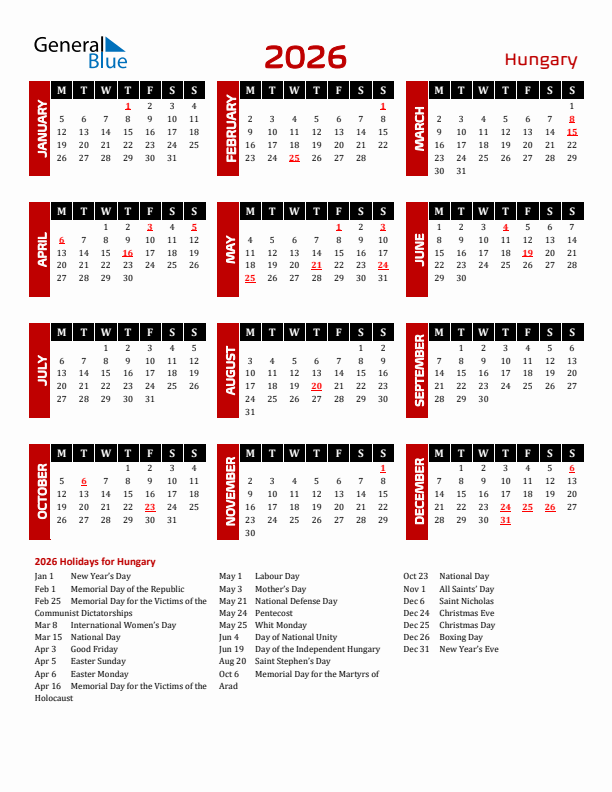 Download Hungary 2026 Calendar - Monday Start