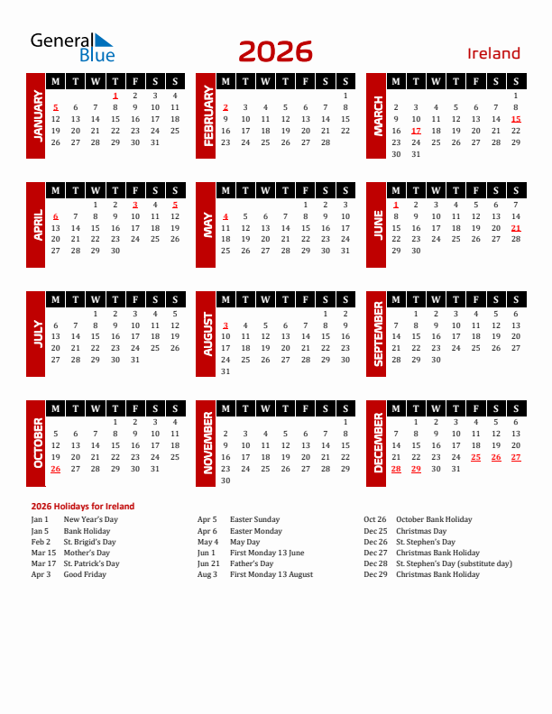 Download Ireland 2026 Calendar - Monday Start