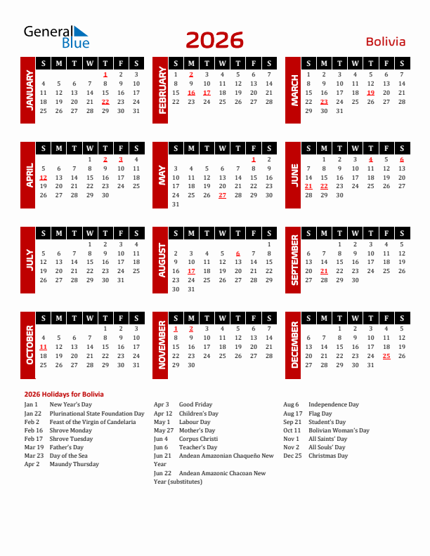 Download Bolivia 2026 Calendar - Sunday Start