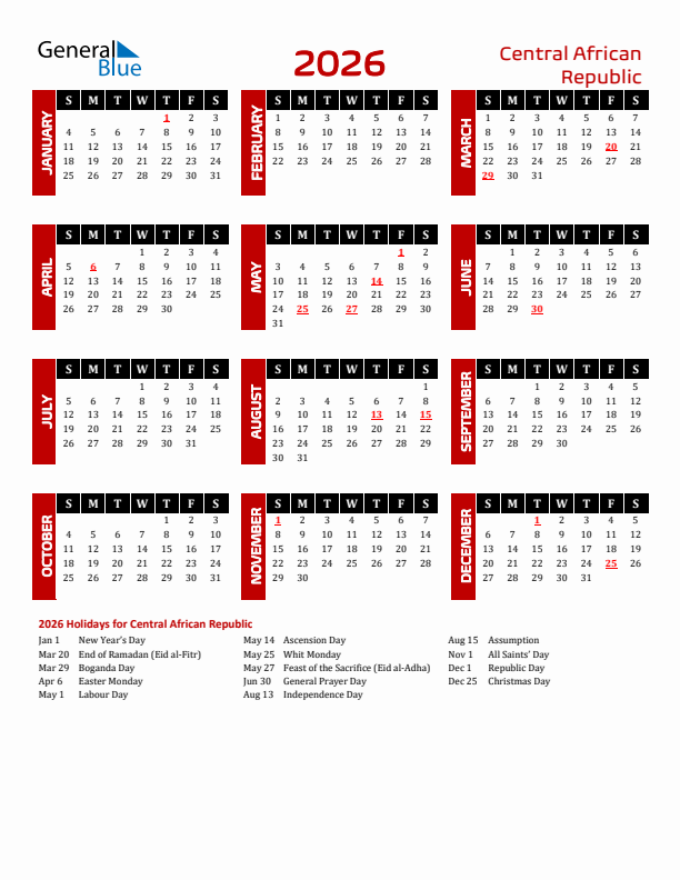 Download Central African Republic 2026 Calendar - Sunday Start