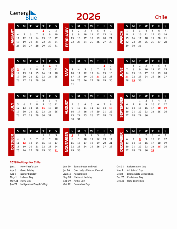 Download Chile 2026 Calendar - Sunday Start