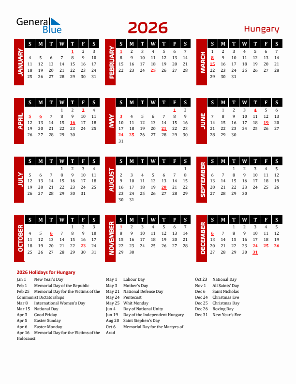 Download Hungary 2026 Calendar - Sunday Start