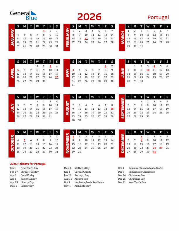 Download Portugal 2026 Calendar - Sunday Start