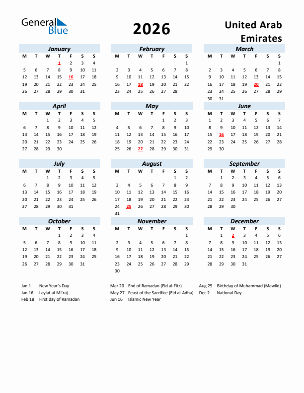 2026 Calendar for United Arab Emirates with Holidays