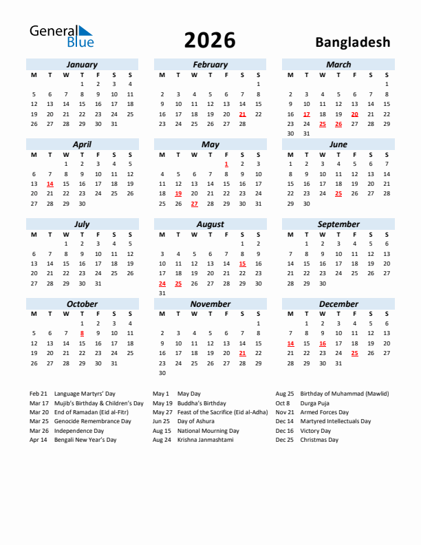 2026 Calendar for Bangladesh with Holidays