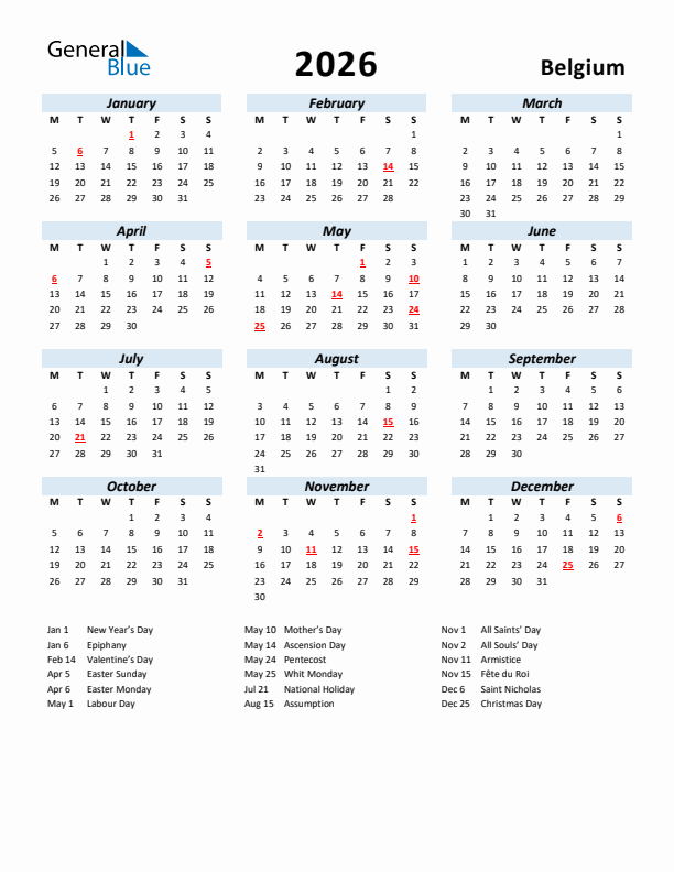 2026 Calendar for Belgium with Holidays