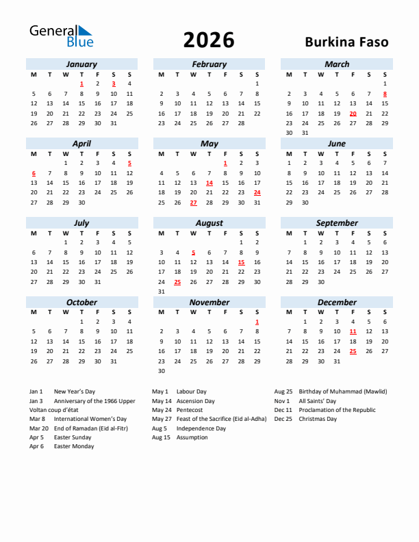 2026 Calendar for Burkina Faso with Holidays