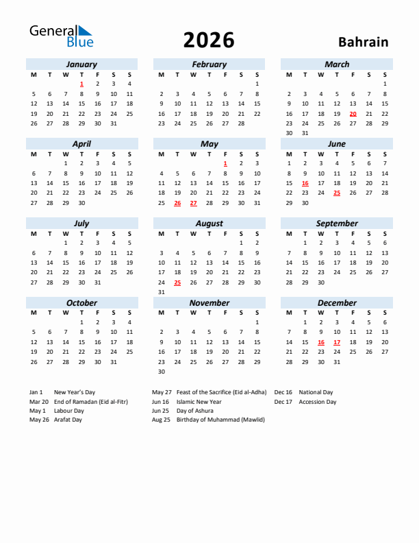 2026 Calendar for Bahrain with Holidays