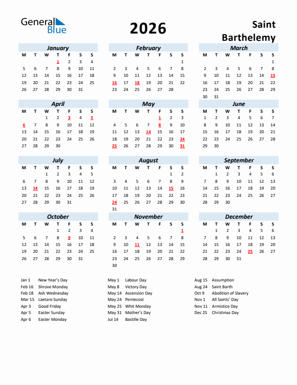 2026 Calendar for Saint Barthelemy with Holidays