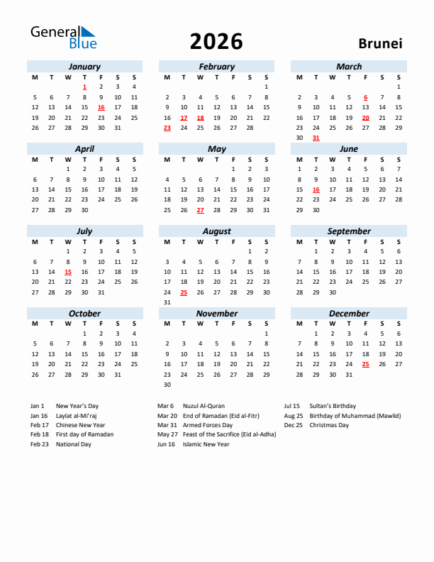 2026 Calendar for Brunei with Holidays