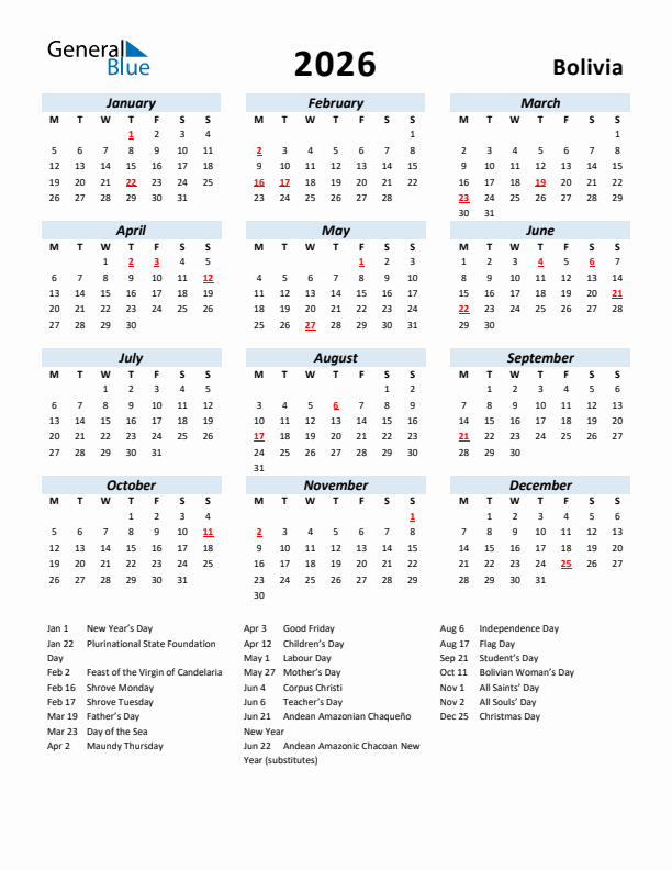 2026 Calendar for Bolivia with Holidays