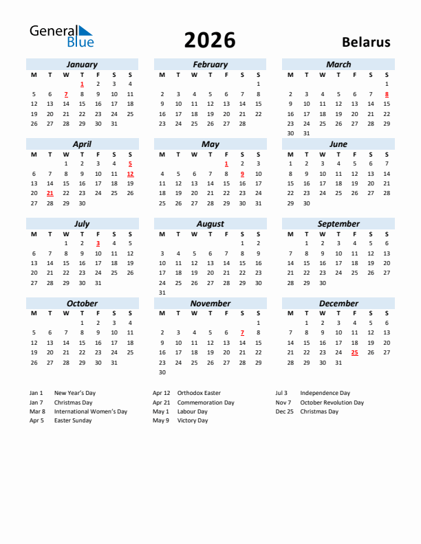 2026 Calendar for Belarus with Holidays