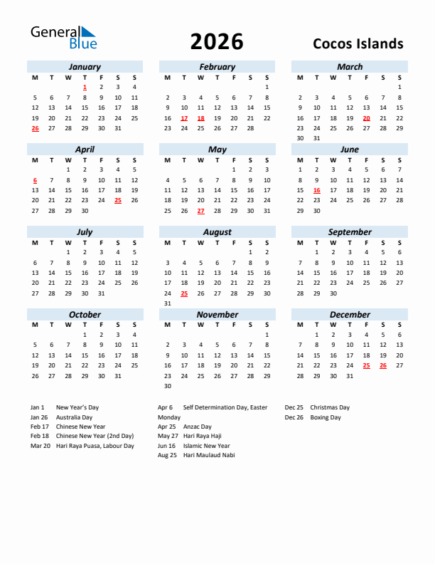 2026 Calendar for Cocos Islands with Holidays