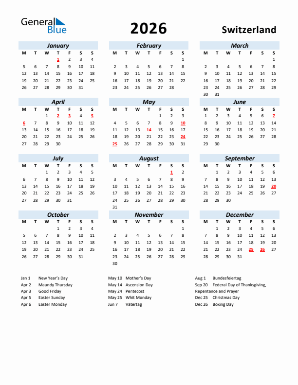 2026 Calendar for Switzerland with Holidays