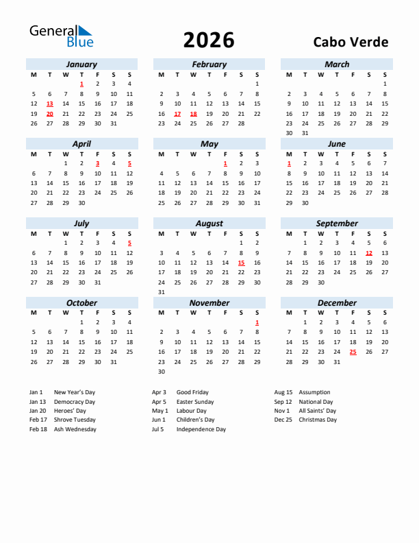 2026 Calendar for Cabo Verde with Holidays