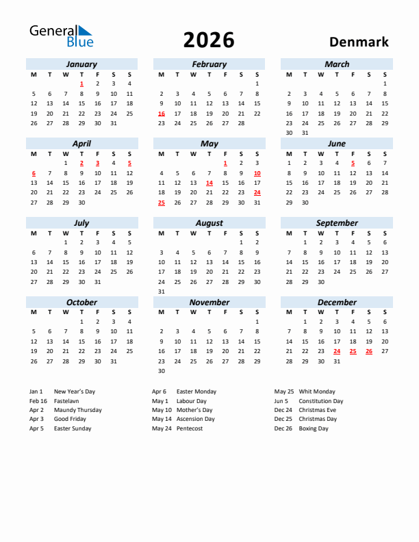 2026 Calendar for Denmark with Holidays