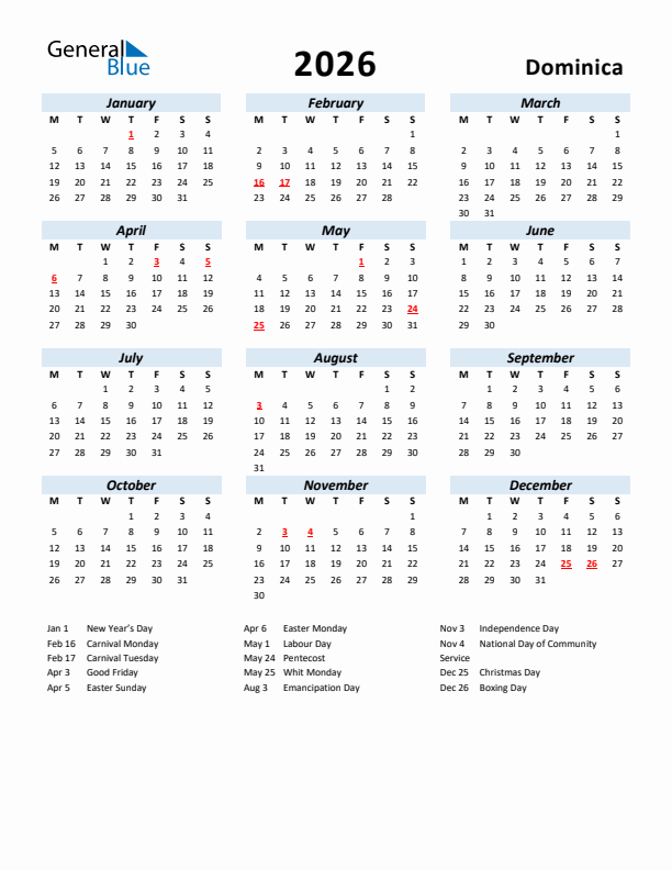 2026 Calendar for Dominica with Holidays