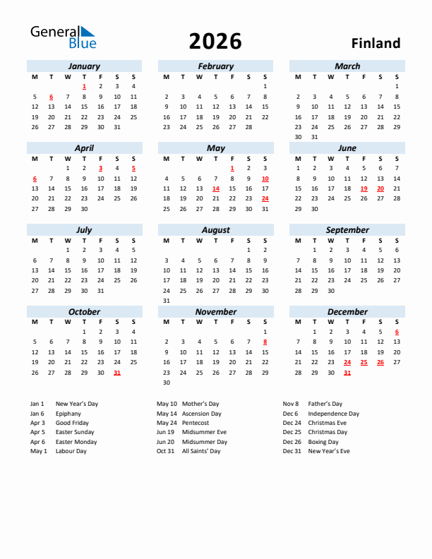 2026 Calendar for Finland with Holidays