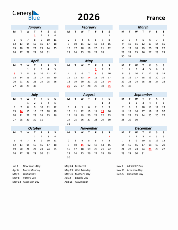 2026 Calendar for France with Holidays