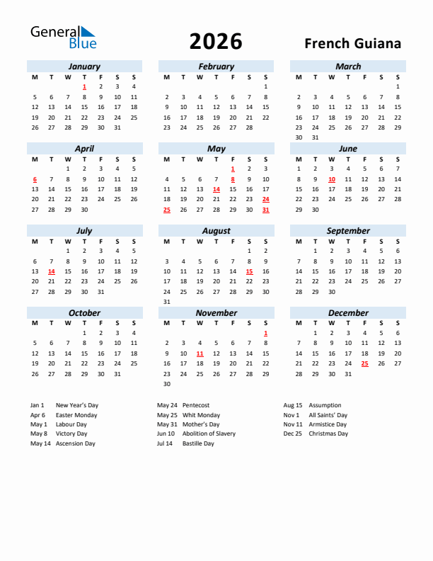 2026 Calendar for French Guiana with Holidays