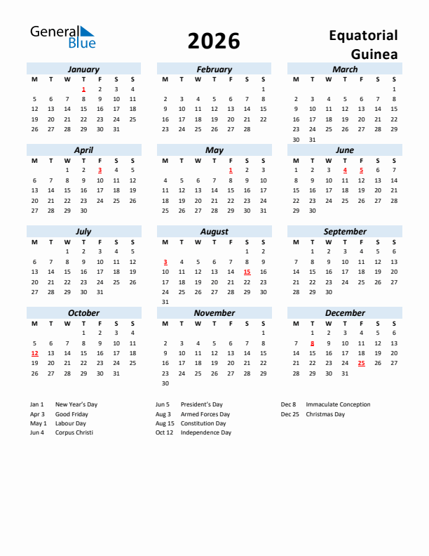 2026 Calendar for Equatorial Guinea with Holidays