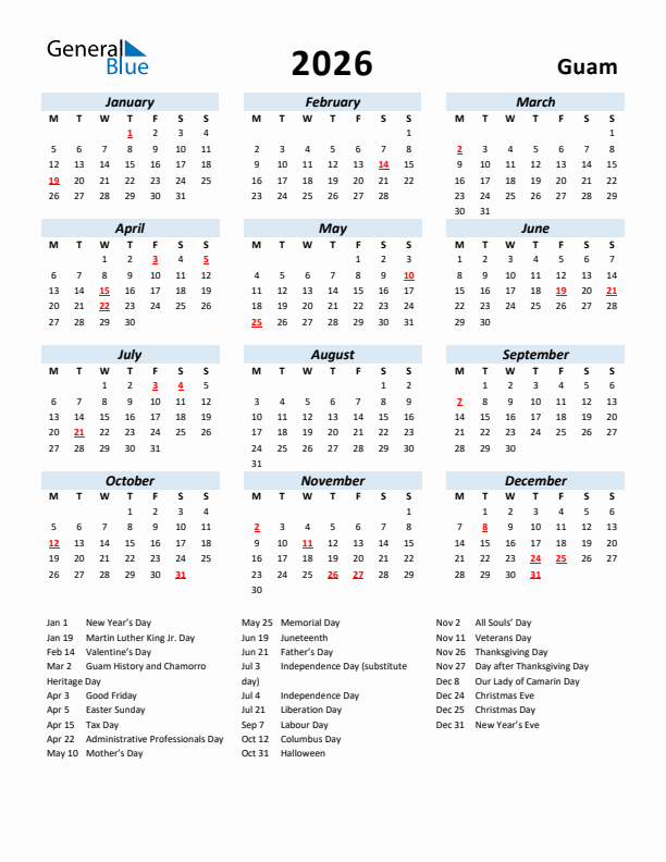 2026 Calendar for Guam with Holidays