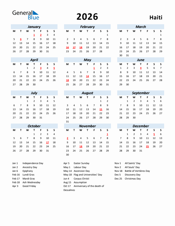 2026 Calendar for Haiti with Holidays