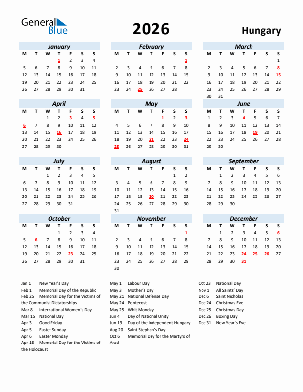 2026 Calendar for Hungary with Holidays