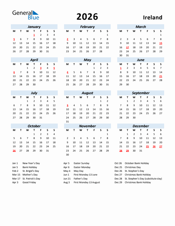 2026 Calendar for Ireland with Holidays