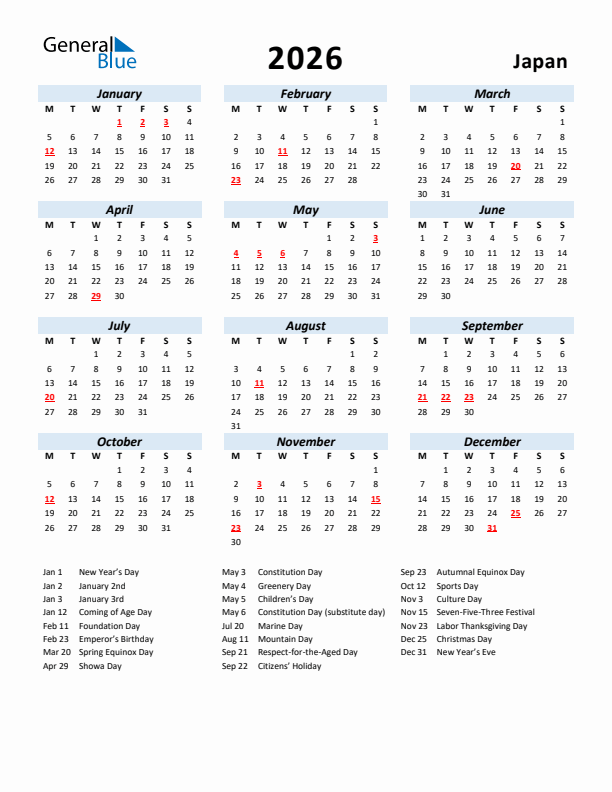 2026 Calendar for Japan with Holidays