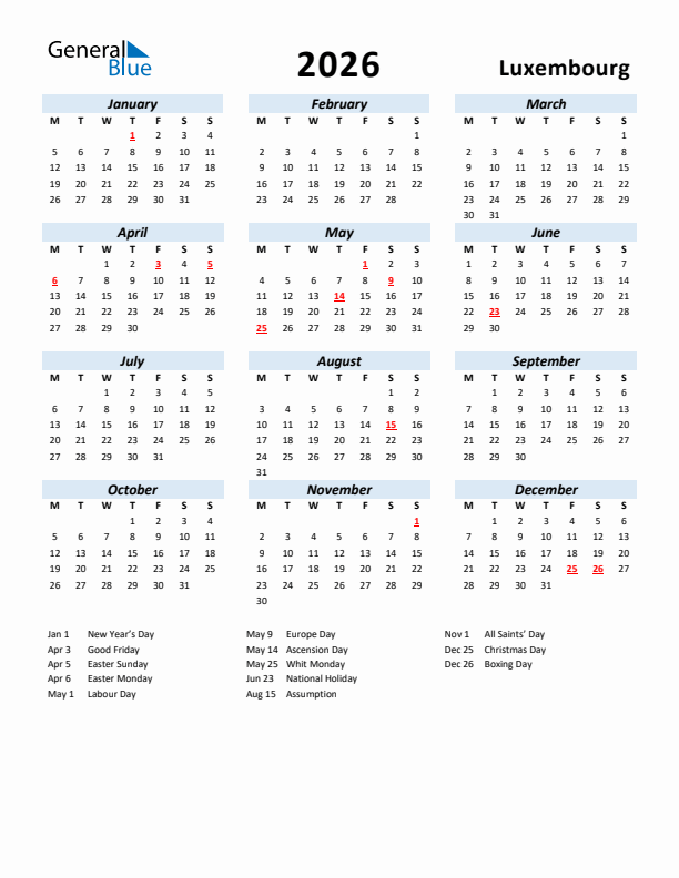 2026 Calendar for Luxembourg with Holidays