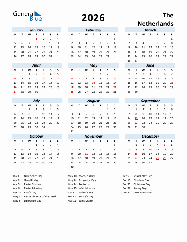 2026 Calendar for The Netherlands with Holidays