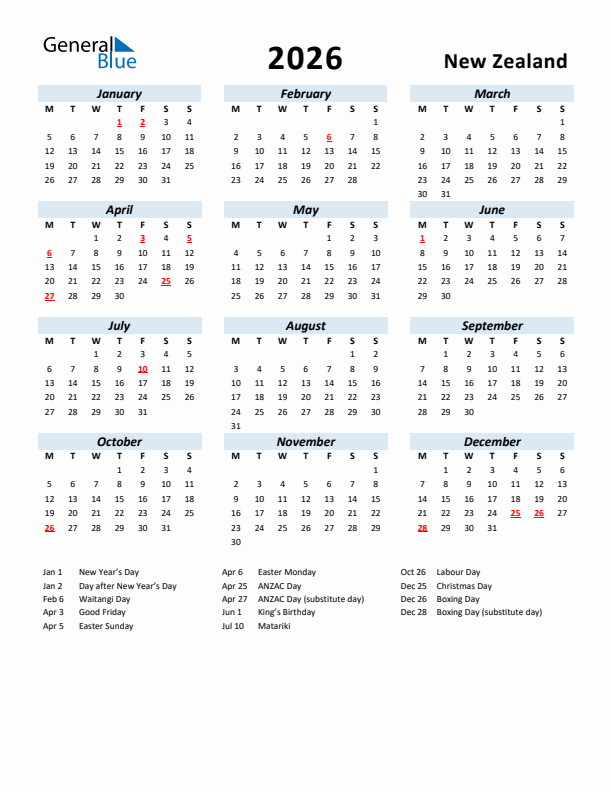 2026 Calendar for New Zealand with Holidays