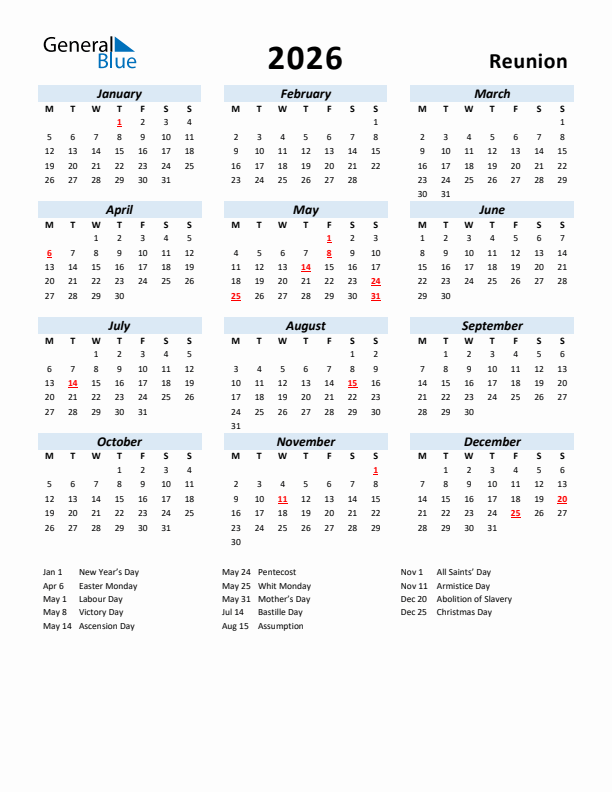 2026 Calendar for Reunion with Holidays