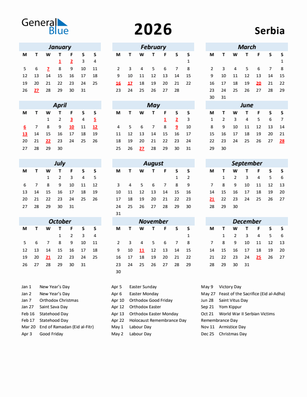 2026 Calendar for Serbia with Holidays