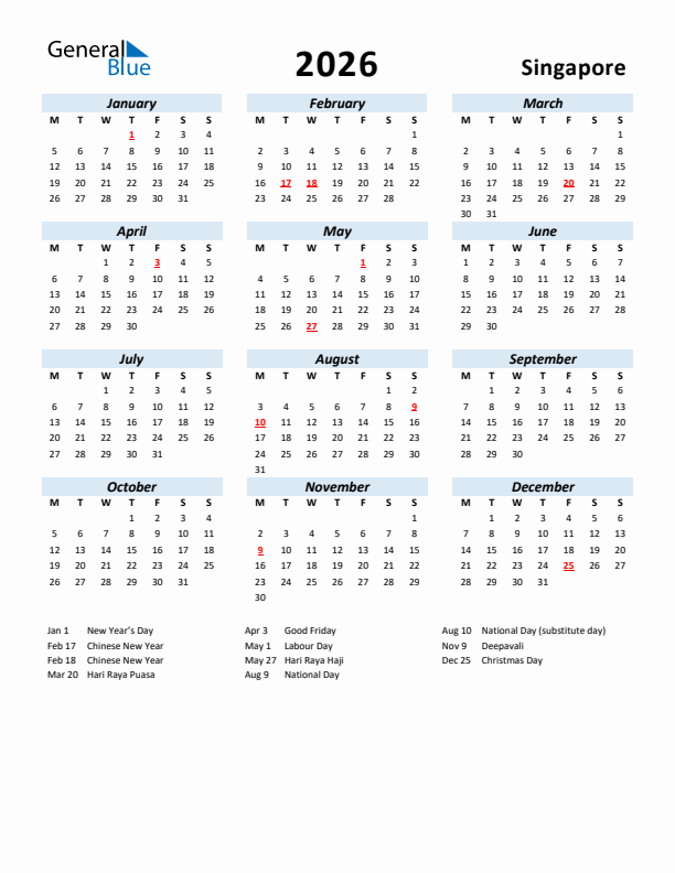 2026 Calendar for Singapore with Holidays