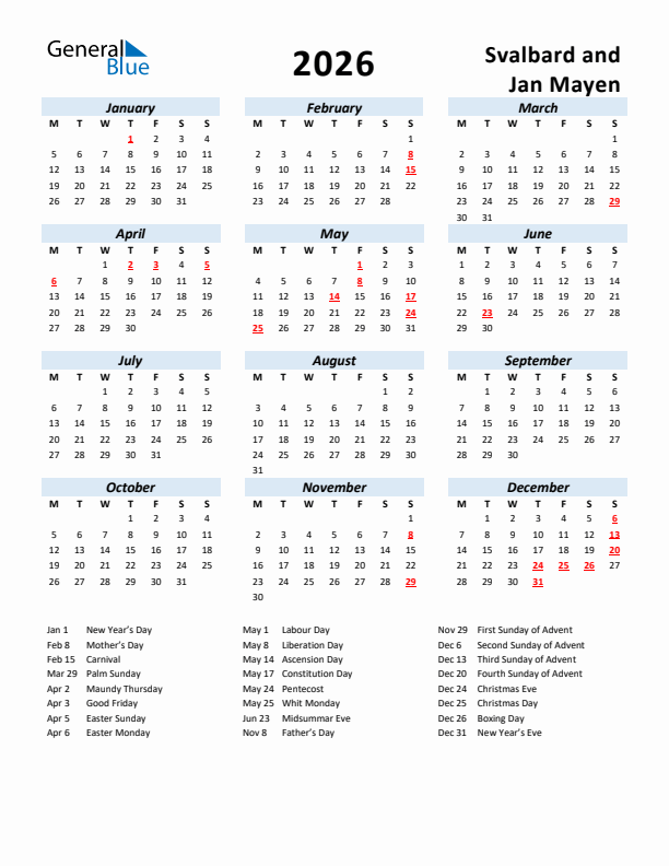 2026 Calendar for Svalbard and Jan Mayen with Holidays