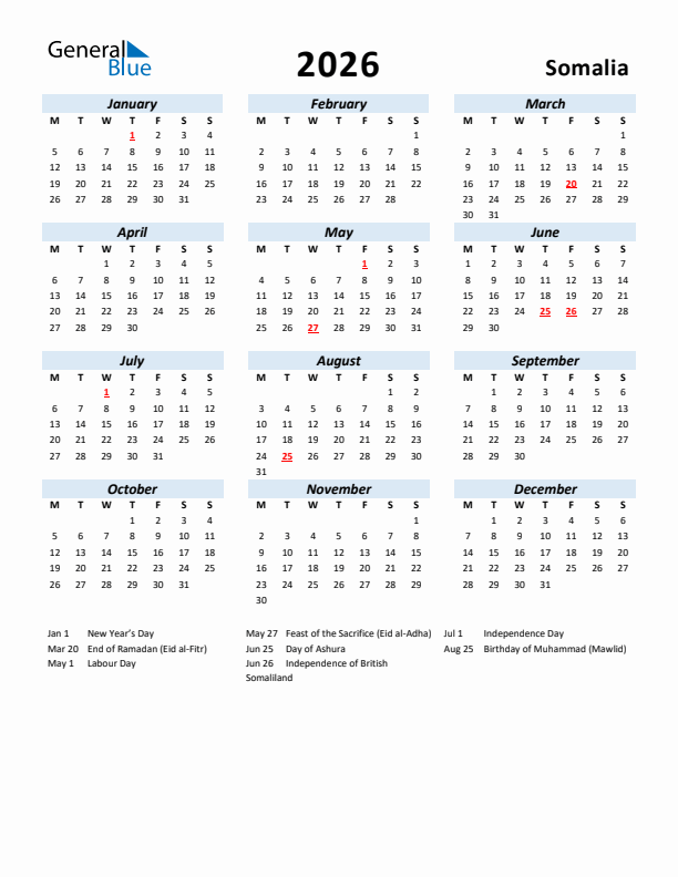 2026 Calendar for Somalia with Holidays