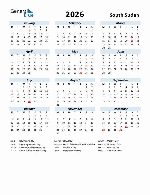 2026 Calendar for South Sudan with Holidays