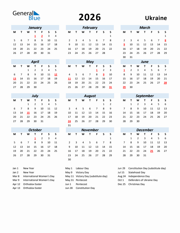 2026 Calendar for Ukraine with Holidays