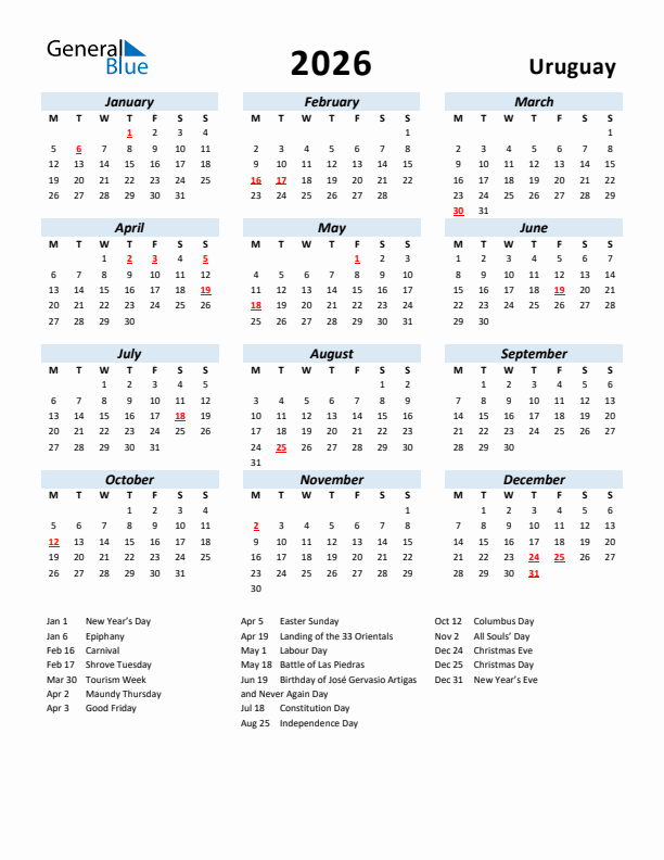 2026 Calendar for Uruguay with Holidays