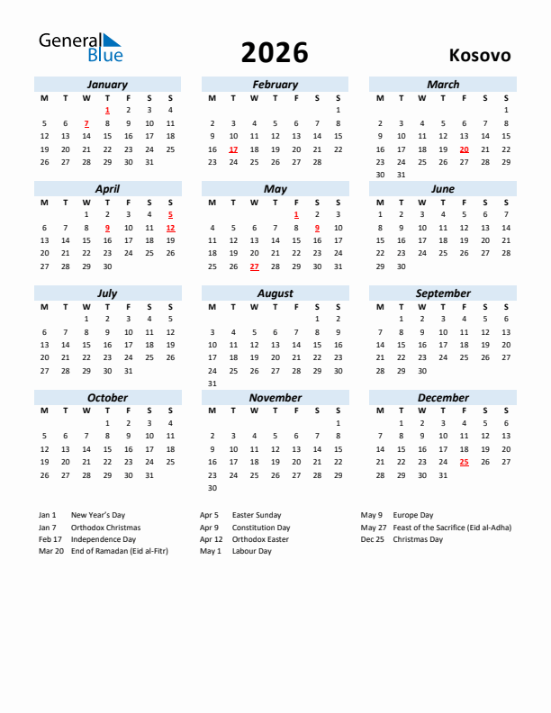 2026 Calendar for Kosovo with Holidays