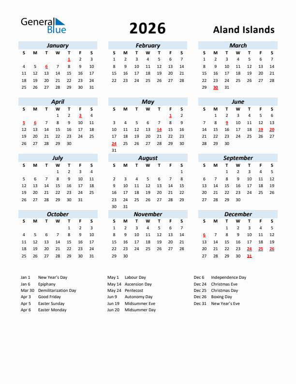 2026 Calendar for Aland Islands with Holidays