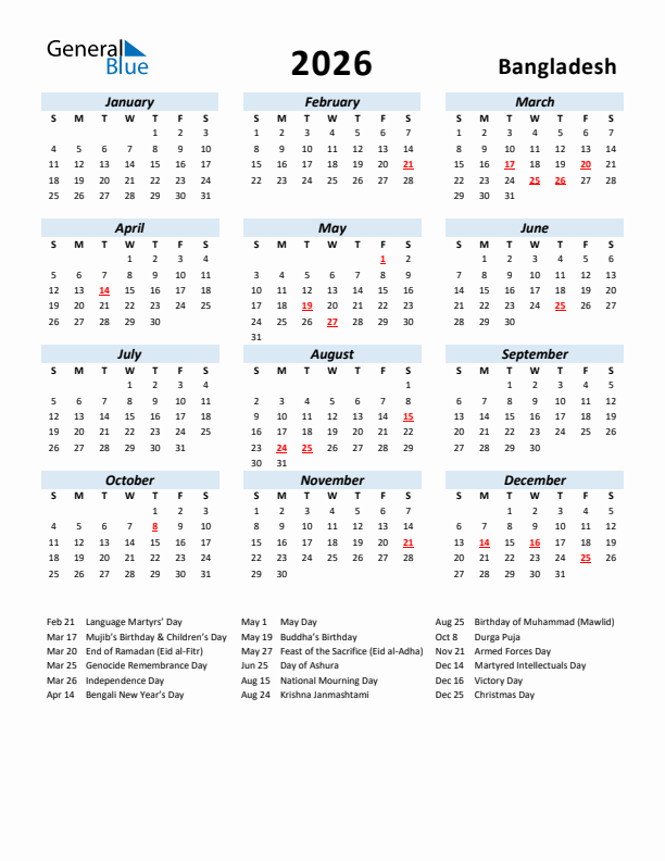 2026 Calendar for Bangladesh with Holidays